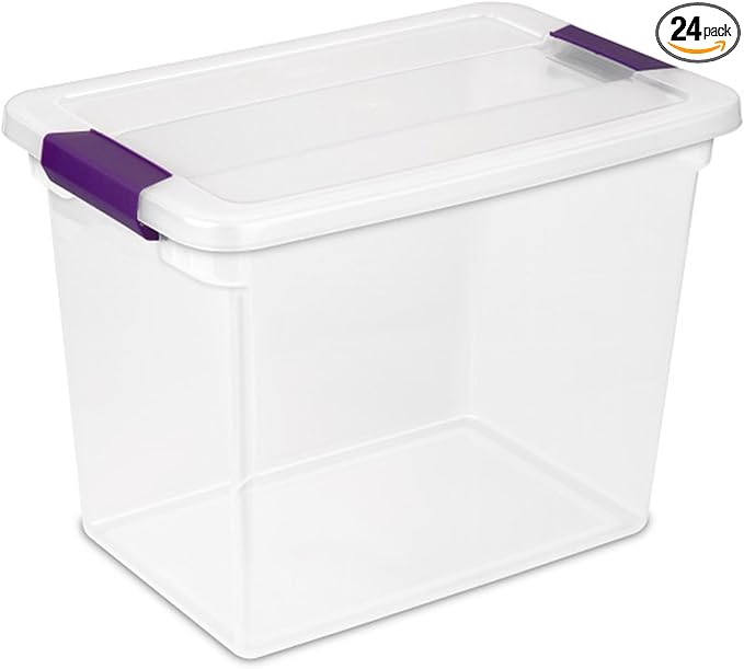 Sterilite ClearView Latch Boxes, Storage Bins with Lids, 27 Quart, 24-Pack | Clear Plastic Organizers with Color Accent Latches for Closet, Bedroom, Shelving Units, Dorm Room and Home Organization