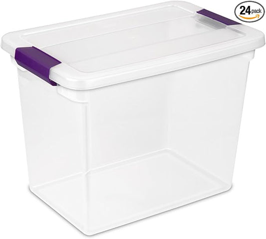 Sterilite ClearView Latch Boxes, Storage Bins with Lids, 27 Quart, 24-Pack | Clear Plastic Organizers with Color Accent Latches for Closet, Bedroom, Shelving Units, Dorm Room and Home Organization