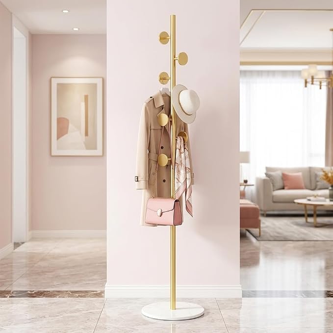 Coat Rack Freestanding Gold Coat Rack For Clothing Hats Bags Ties Purses | Sturdy Metal Clothes Rack with Marble Base & 7 Hooks, Heavy Duty Clothing Hanger Hall Tree Stand for Entryway Bedroom Hallway