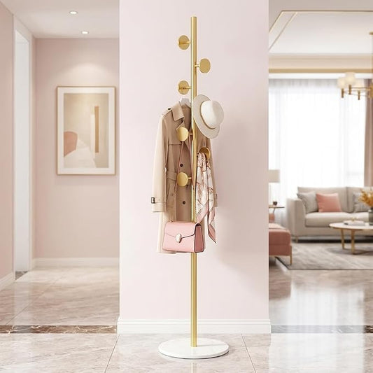 Coat Rack Freestanding Gold Coat Rack For Clothing Hats Bags Ties Purses | Sturdy Metal Clothes Rack with Marble Base & 7 Hooks, Heavy Duty Clothing Hanger Hall Tree Stand for Entryway Bedroom Hallway