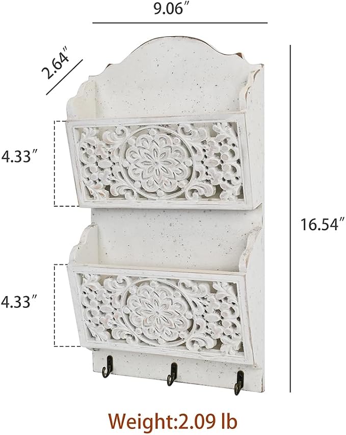Rustic Key and Mail Holder for Wall Home Decorative,2-Slot Mail Organizer Wall Mount with 3 Hooks, Wooden Key Hangers Wall File Organizer Letter Sorter for Letter Magazines（White）