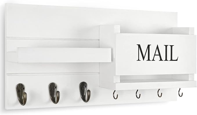 Lwenki Mail Organizer for Wall Mount – Key Holder with Shelf Includes Letter Holder and Hooks for Hallway Farmhouse Decor – Rustic Wood with Flush Mounting Hardware (16.5” x 9.1” x 3.4”) (White)