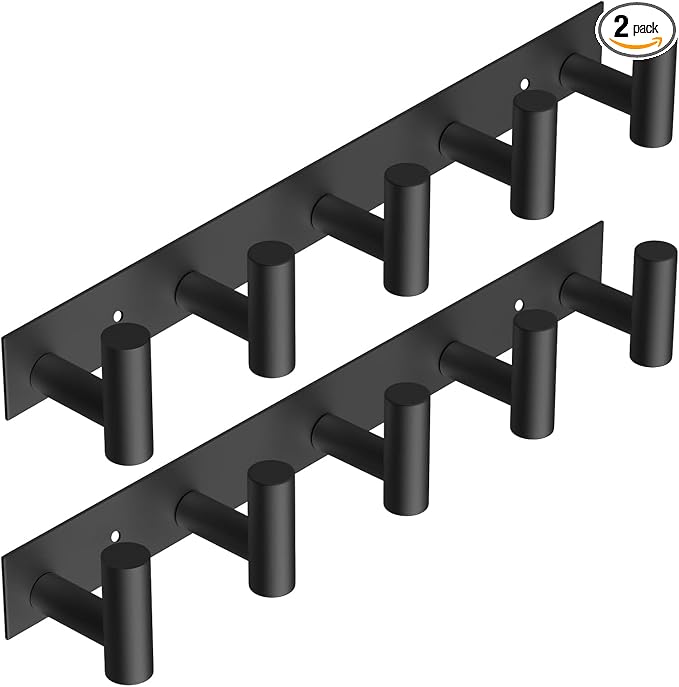 VAEHOLD Black Hat and Coat Wall Mount Rack 5 Hooks for Robes, Bags, Keys, and Towels Bathroom Towel Hanger Organizer (2 Pack)