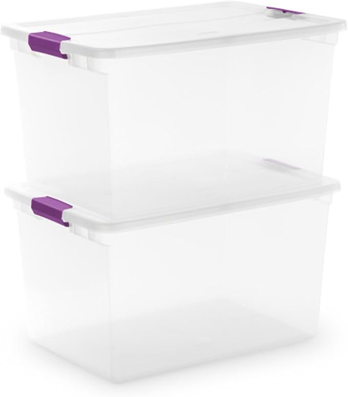 Sterilite 66 Qt ClearView Latch Storage Box, Stackable Bin with Latching Lid, Organize Clothes, Blankets, Items in Closet, Clear Base and Lid, 24-Pack | Clear Plastic Organizers with Color Accent Latches for Closet, Bedroom, Shelving Units, Dorm Room a...