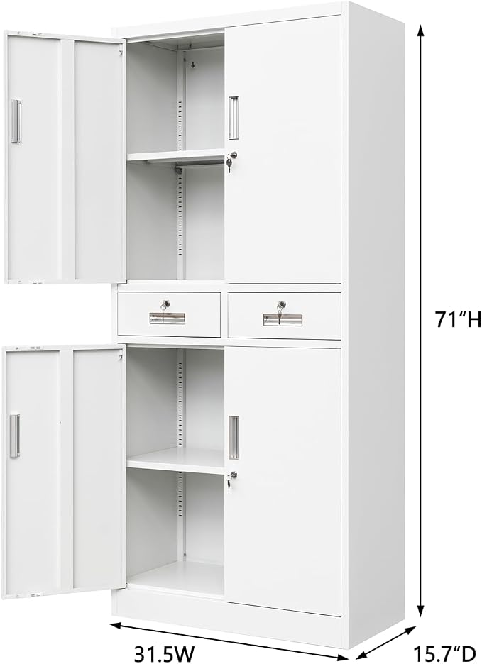 CJF Metal Storage Cabinet with Adjustable Shelves and Drawers, 71" H Locking Pantry Storage Cabinet for Office, Garage, Home, School, Utility (White)
