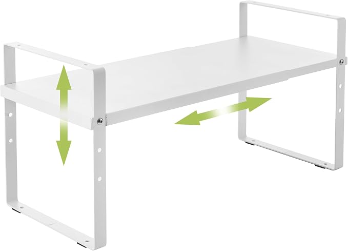 Across-Star Expandable Cabinet Shelf Organizer Rack, Stackable Kitchen Counter Storage Shelves Stand, Adjustable Height Pantry Shelf Spice Rack (White, 1 Pack)