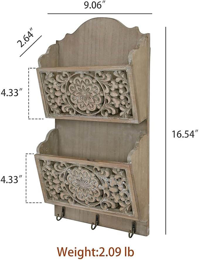 Rustic Key and Mail Holder for Wall Home Decorative,2-Slot Mail Organizer Wall Mount with 3 Hooks, Wooden Key Hangers Wall File Organizer Letter Sorter for Letter Magazines（Brown）