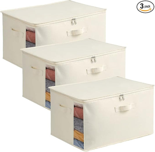 3-Pack Large Canvas Comforter Storage Bags for Clothes Sweater Clothes Organizer with Dual Zipper Three Carrying Handles for Blanket Closet Storage Container