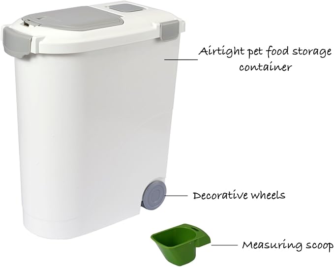 Ashfield & Harkness Airtight Pet Food Storage Container, Holds 30 Lbs | BPA-free HDPE, silicone airtight seal, scoop included, slim white/grey design, 17.5"x9.5"x20", for dog, cat & bird food