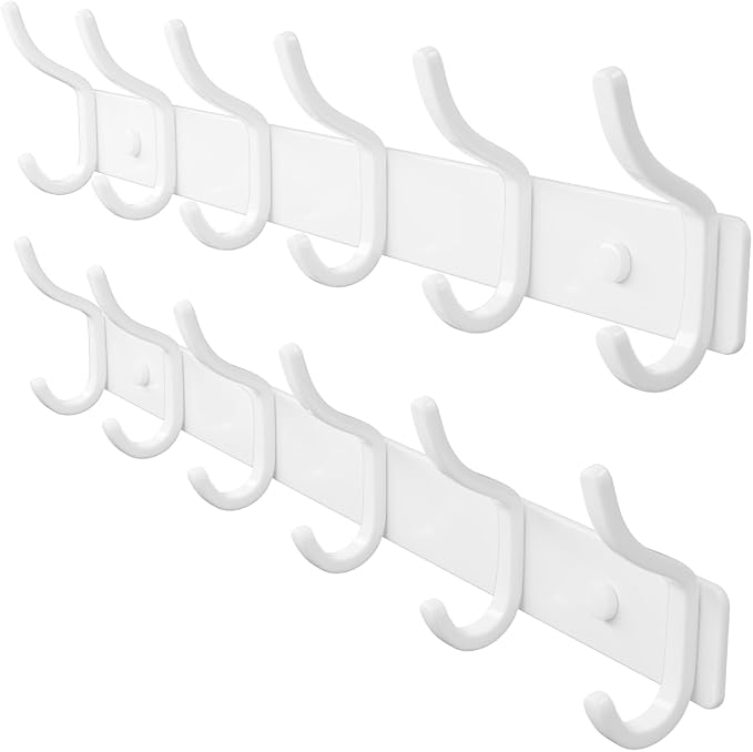 Wall Mounted Coat Rack (White, 2 Pack) - Aluminum 6-Hook Rack with Curved Hooks, Drill Installation, Holds Coats, Towels, and Bags, Ideal for Entryway or Office