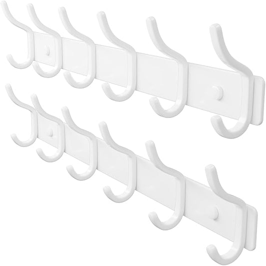 Wall Mounted Coat Rack (White, 2 Pack) - Aluminum 6-Hook Rack with Curved Hooks, Drill Installation, Holds Coats, Towels, and Bags, Ideal for Entryway or Office