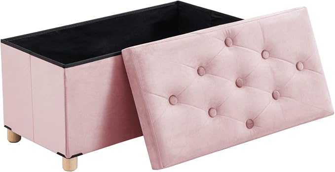 BRIAN & DANY 30 Inches Folding Storage Ottoman Bench, Ottoman with Storage for Living Room, with Wooden Feet and Lid, Pink