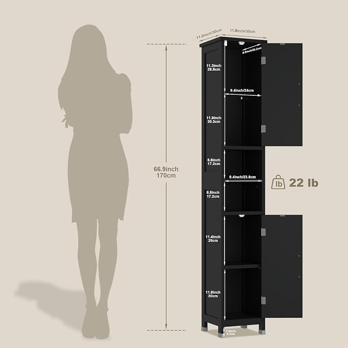 67" Tall Bathroom Storage Cabinet with Lights, Slim Narrow Bathroom Cabinet Organizer with Doors and Adjustable Shelves, Tall Cabinet for Small Space (66.9" Tall-Black with Light)
