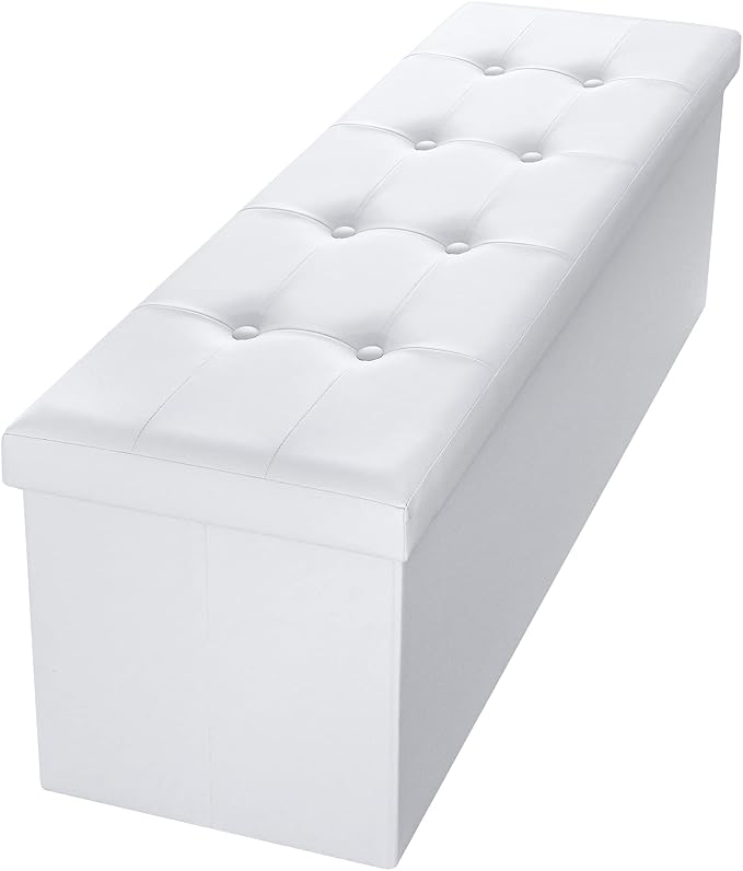 Camabel 43 Inch Folding Storage Ottoman Bench 120L Hold up 700lbs Ottoman with Storage Chest Foam Seat Padded Foot Rest Stool Faux Leather Bedroom Bench Coffee Table White