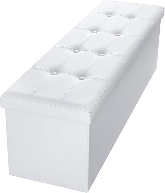 Camabel 43 Inch Folding Storage Ottoman Bench 120L Hold up 700lbs Ottoman with Storage Chest Foam Seat Padded Foot Rest Stool Faux Leather Bedroom Bench Coffee Table White