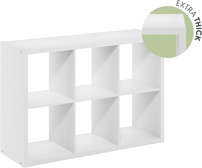 Furinno CUBICLE 6-Cube Book Shelf, Extra Thick Frame Bookshelf, White | 14.6" x 44" x 30", Horizontally & Vertically Reversible Bookcase with Open Back, for Living Room, Bedroom, Home Office