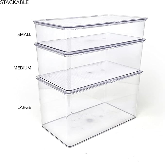 Isaac Jacobs Small Stackable Organizer Bin (10.75” x 6.5” x 2.4”) w Hinged Lid Clear Storage Box Home Office School Fridge Bathroom Kitchen Pantry Container BPAFree Food Safe (Small Clear) (Pack of 2)