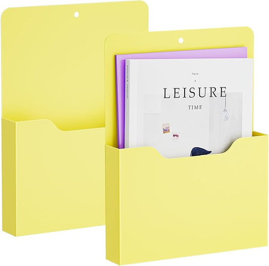Marbrasse 2 Pack Magnetic File Holder - Paper Holder, Pocket Organizer,Hanging Wall File Organizer Office Supplies Storage, Magazine Mail Organizer Case for Notebooks,Planners,Letter (Yellow)