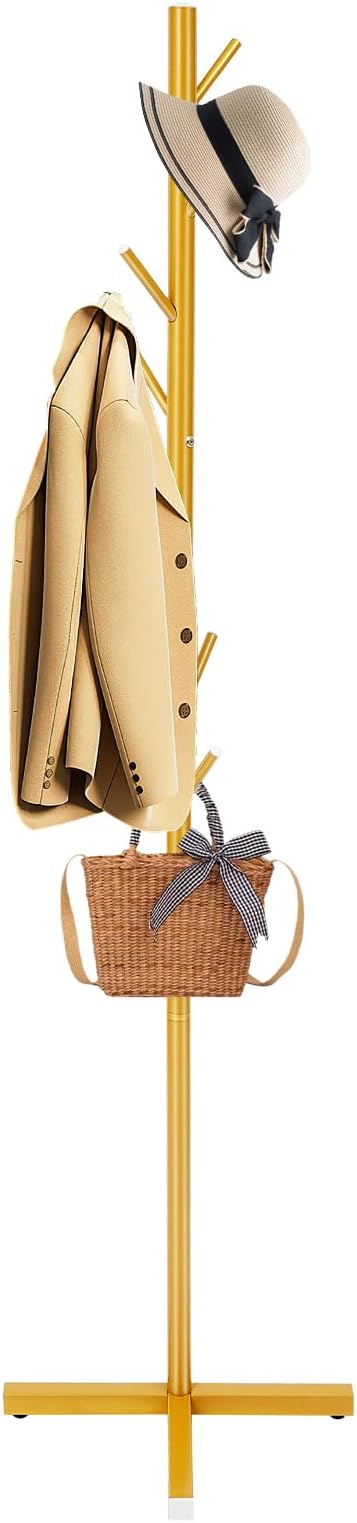 Metal Coat Rack Stand, Modern Coat Rack Freestanding with 7 Hooks, Coat Racks Easy to Assemble, Coat Tree Stand for Bags, Hats, Entryway, Office (Golden)