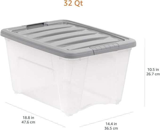 Amazon Basics Plastic Storage Containers with Secure Latching Lids, Stackable Organization Bins, Clear/Grey, 32 Quart, Set of 6