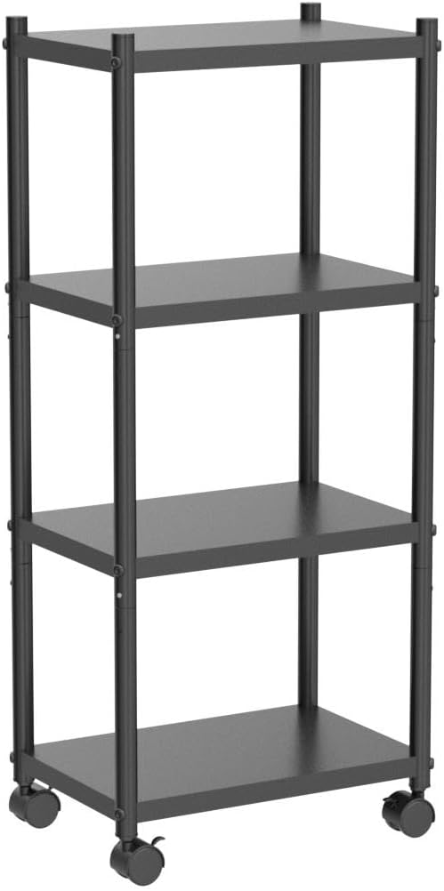 PXRACK Storage Shelves with Rolling Wheels, Adjustable 4 Tier Metal Shelving Unit for Storage Heavy Duty, Small Storage Rack Shelf for Corner of The Kitchen Bathroom Living Room Garage Office, Black