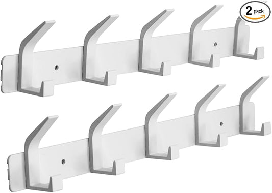 Coat Rack Wall Mounted,5 Coat Hooks for Hanging Coats,Heavy Duty Metal Double Hook Rack Hook Rail,Coat Rack with Hooks,Wall Mount Coat Hanger for Hat Towel Purse Robes,2Pack (White, 5 Hooks)