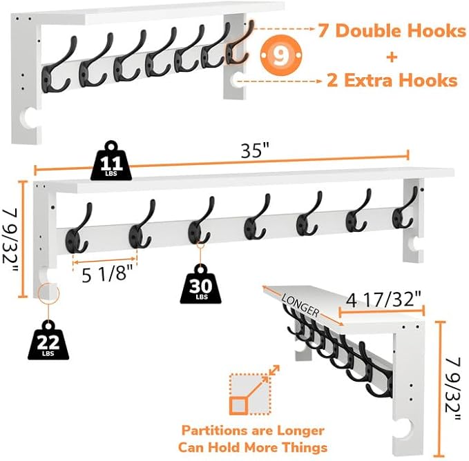AMBIRD Coat Rack Wall Mount, 35 Inch Large Coat Hooks Wall Mounted with 7 Dual Metal Hooks and 2 Side Hooks, Wall Hooks with Shelf in Entryway, Kitchen, Living Room, Bathroom, Bedroom (White)