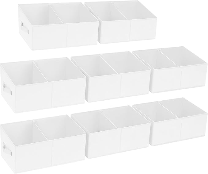 DIMJ Large Closet Shelf Organizer Bins 8 Packs with Handles and Divider, Fabric Trapezoid Storage Baskets, Foldable Clothes Containers Box for Shelf, Towel, Book, Toy, Purse, Hats, White
