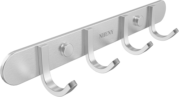 Coat Hook Wall Mount - Towel Hook Rack with 4 Hooks 11-inch Hanger for Hanging Clothes, Bags, Keys, Easy to Install Rail for Bedroom, Bathroom, Entryway, Door, 304 Stainless Steel Brushed Nickel