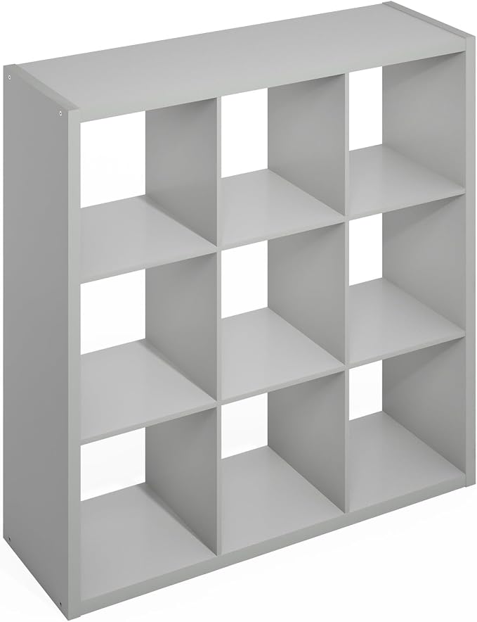 Furinno Simple Cube Storage Organizer, 9-Cube Display Shelf, Open Back Shelving Unit, Storage Shelves, Extra Thick Frame, for Organization and Storage, Living Room, Home Office, Light Grey
