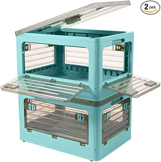 32Qt Plastic Storage Bins with Lid, Collapsible Storage Bins with Wheels, Storage Boxes with 4 Doors, Stackable Storage Bins for Organizing, Clothes, foods and Camping, 2-Pack (Blue)