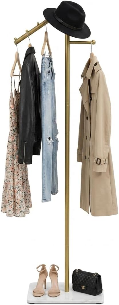 F-Shaped Metal Clothes Hanger, Modern Coat Rack with Rock Base, Gold Freestanding Coat Rack, Bottom with Sponge Pad,Suitable for Boutiques, Entryway, Living Room, Hallway, Bedroom,15.7" X 9.8" X 66.9"