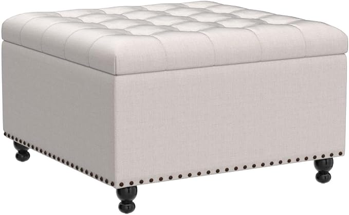 Tbfit Large Square Storage Ottoman Bench, Botton Tufted Upholstered Coffee Table with Wooden Legs, Oversized Storage Ottomans Toy Box Footrest for Living Room, Apartment, Beige