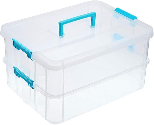 JUXYES 2-Tiers Plastic Stack Carry Storage Containers Box wih Handle Lids | Clear Stackable Latching Craft Storage Bin for School Office, Organizing Stationery, Sewing, Art Craft, DIY Supplies, Blue