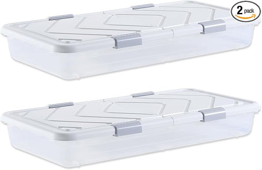 VEVOR Under Bed Storage with Wheels, 39.8 x 20.1 x 5.9 inch Underbed Containers, Underbed Shoes Organizer with Lid & Gray Latch, Rolling Under the Bed Storage Bins for Clothes Shoes Blankets, 2 Pack