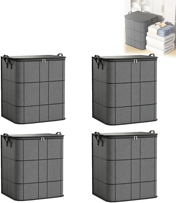 Spacious Moving Storage Bin – Zippered Organizer for Quilts, Large Fabric Storage Bag with Carry Handles for Bedding, Comforters, Blankets, Winter Clothes, Closet & Moving (4PCS)
