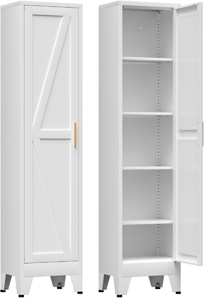 COFaR 67'' Tall Narrow Bathroom Storage Cabinet, Metal Farmhouse Skinny Pantry Cabinet with 4 Adjustable Shelves and One Door, Slim Cabinet Storage for Kitchen Laundry Garage, 5-Tier White