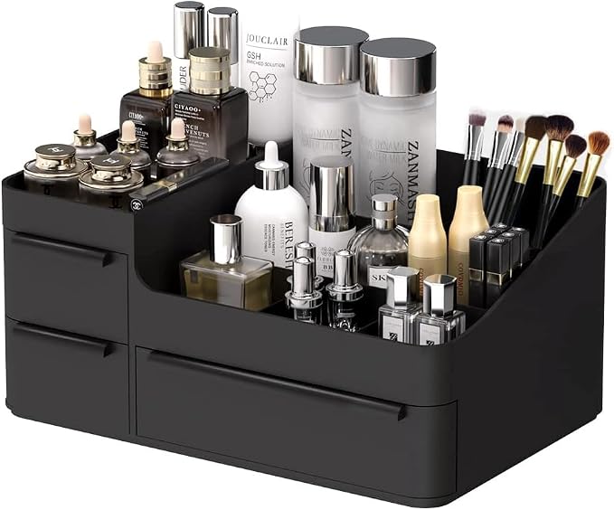 Makeup Organizer for Vanity, Bathroom Countertop Storage Display Boxes Case,Stackable Cosmetic Holder for Jewelry Hair Accessories Beauty Skincare Product Organizing with drawer organizer tray, Black | Skincare Perfume Vologne Organizer with Drawers fo...