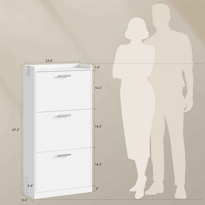 Shoe Cabinet Organizer with 3 Flip Drawers,Narrow Shoe Rack 23.6" W White | Freestanding shoe storage cabinet for entryway,foyer and hallway,slim design and space-saving flip drawers