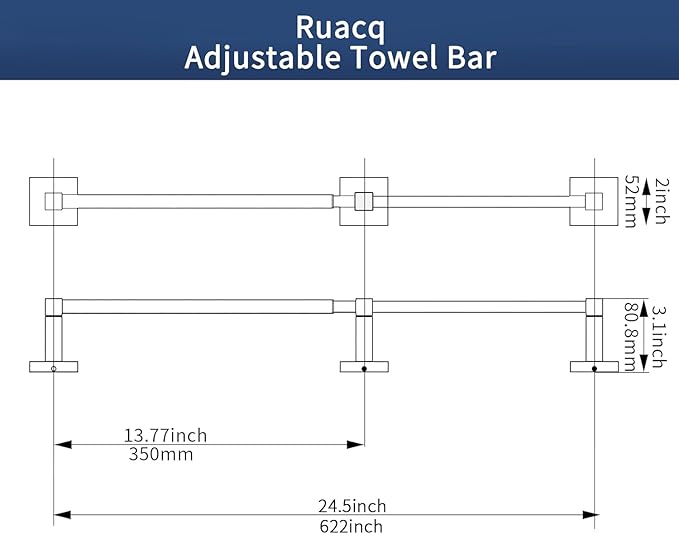 RUACQ Adjustable Towel Bar, Towel Racks for Bathroom Wall Mounted, Black | Adjust 13.8 to 24 inch Single Towel Rod, Bath Towel Holder, 304 Stainless Steel, Rustproof, Square Base, Heavy Duty, Modern
