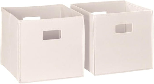 RiverRidge Folding Storage Bins - 2-pack of 10in Tall Cream Cubes | Fabric Bins, Set of 2 Storage Cubes, Cut-out Handles, Playroom Closet Organizer, Collapsible Cubby with Bottom Board Insert