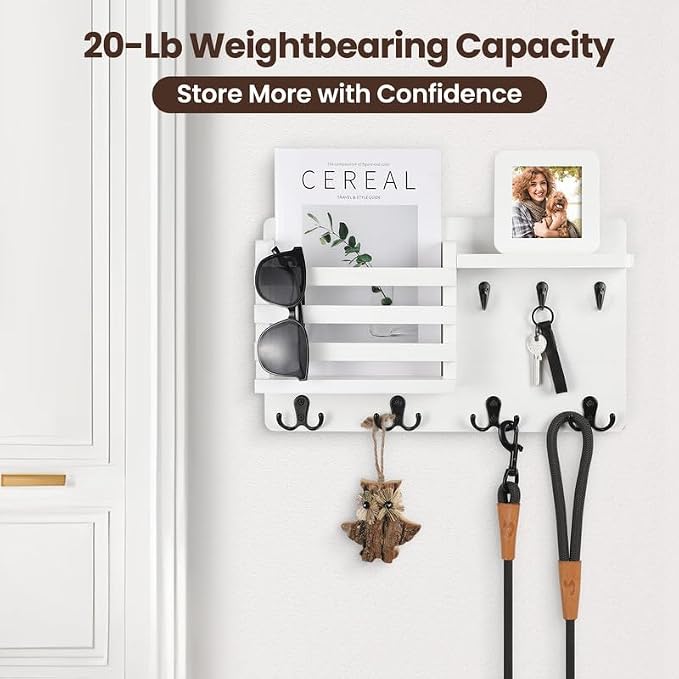 Nekon Mail Holder for Wall Mail Organizer with Key Hooks Hallway Farmhouse Decor Storage Racks with Floating Shelf and Flush Mount Hardware (16.8Inch x 10Inch x 3.2Inch)