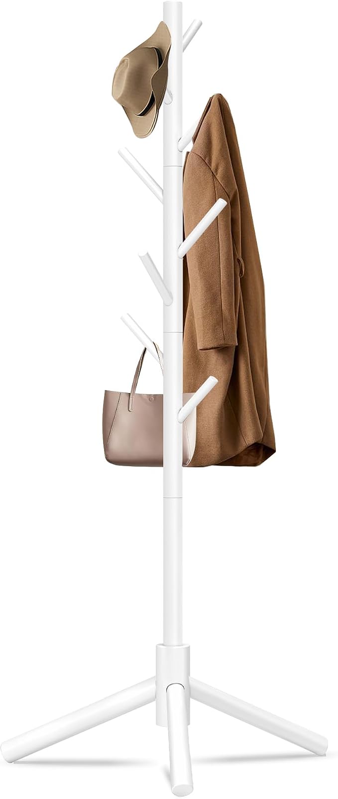 Unisakey 8-Hook Freestanding Wooden Coat Rack 3 Adjustable Heights White | Stable Triangular Base for Safety,Durable Construction,Simple Tool-Free Assembly,Ideal for Bedroom Hallway Office Entryway