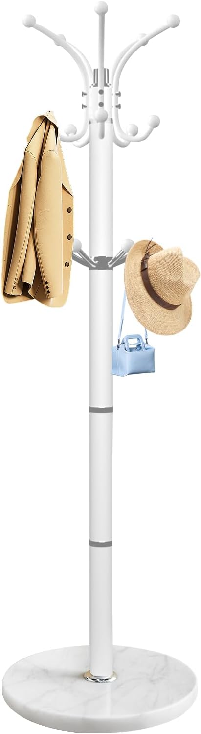OIRUMIE Coat Rack,360°Rotary Coat Rack Stand,Coat Tree Stand for Entryway | Metal Coat Rack Freestanding with Natural Marble Base & 14 Hooks,White Modern Coat Stand, Clothes Hall Tree Stand for Hallway