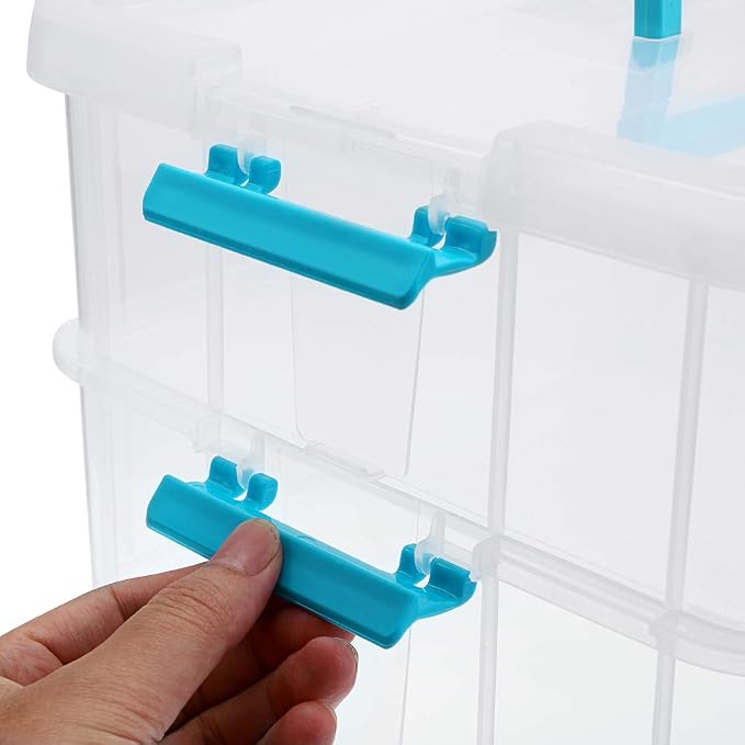 JUXYES 2-Tiers Plastic Stack Carry Storage Containers Box wih Handle Lids | Clear Stackable Latching Craft Storage Bin for School Office, Organizing Stationery, Sewing, Art Craft, DIY Supplies, Blue