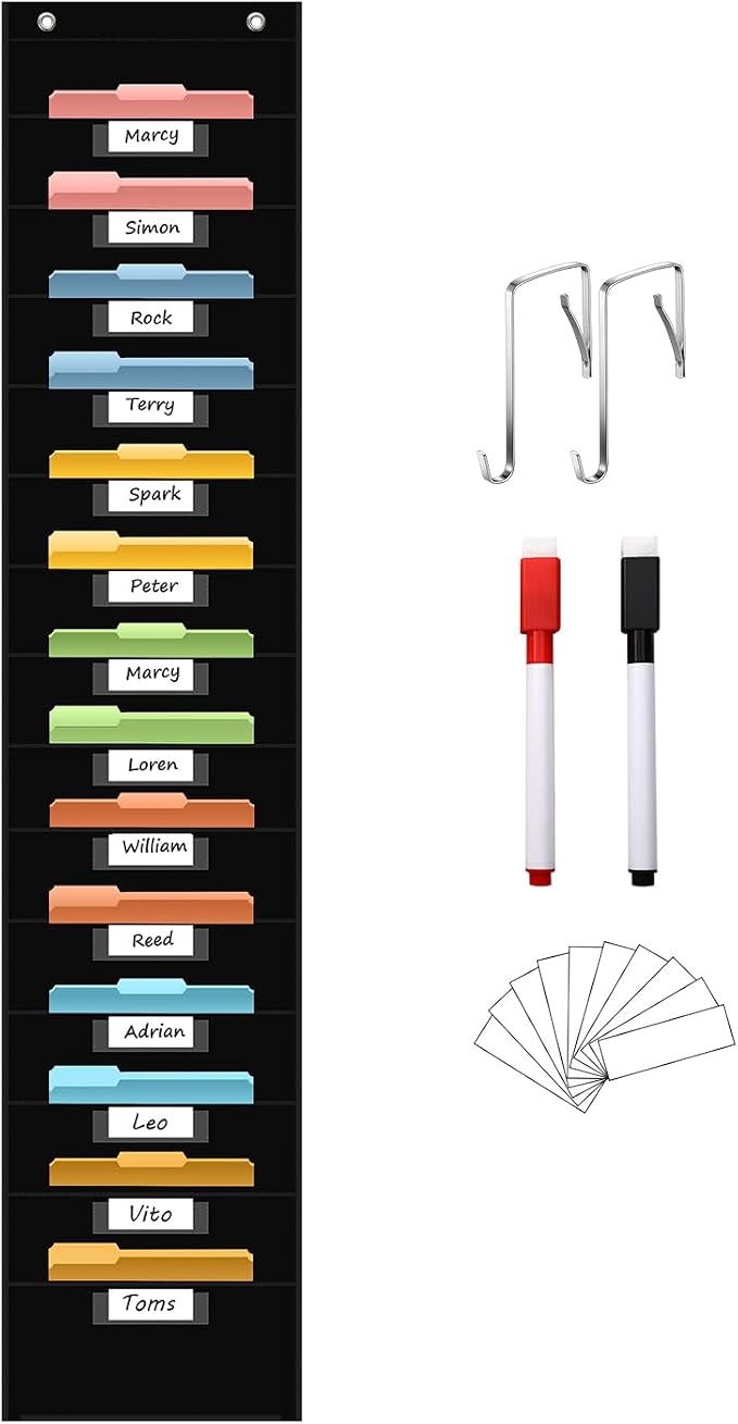 ANCOMEDO 14 Pocket Hanging File Organizer with 14 Nametag Pockets. Black File Storage Pocket Chart for Classroom or Office Use. Perfectly Organizes Assignments, Files, Scrapbooks, and Documents.