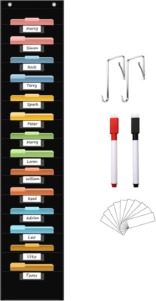 ANCOMEDO 14 Pocket Hanging File Organizer with 14 Nametag Pockets. Black File Storage Pocket Chart for Classroom or Office Use. Perfectly Organizes Assignments, Files, Scrapbooks, and Documents.