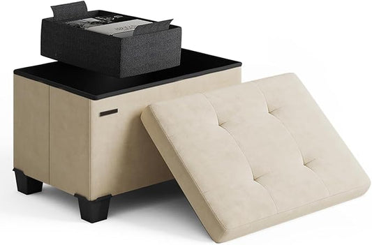 Storage Ottoman Cube with Small Bin, 16-in Square Ottoman with Storage for Living Room and Bedroom, Small Ottomans Foot Rest, Velvet Foot Stools Ottomans Max 330lbs, Beige