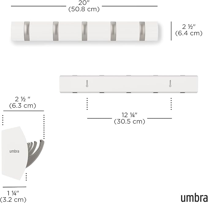 Umbra Flip Coat Rack, Wall Mounted 5-Hook Space Saving, White/Nickel | Real wood and steel build, retractable hooks fold flat, holds coats bags and scarves, easy install