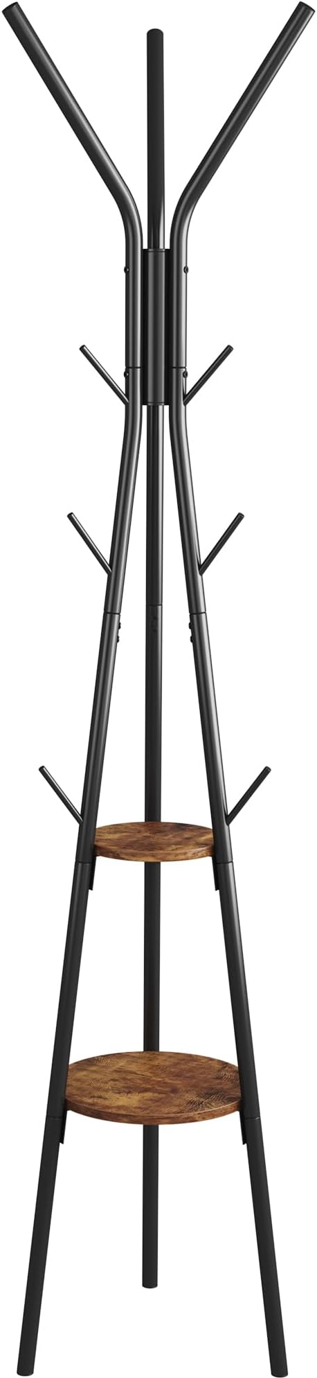 HOMEFORT Coat Rack, Coat Hanger Stand with 2 Shelves, Freestanding Hall Tree, Metal Hat Hanger with 12 Hooks for Clothes Hats and Scarves, Black and Rustic Brown,15.7" Wx15.7 Dx72.8H